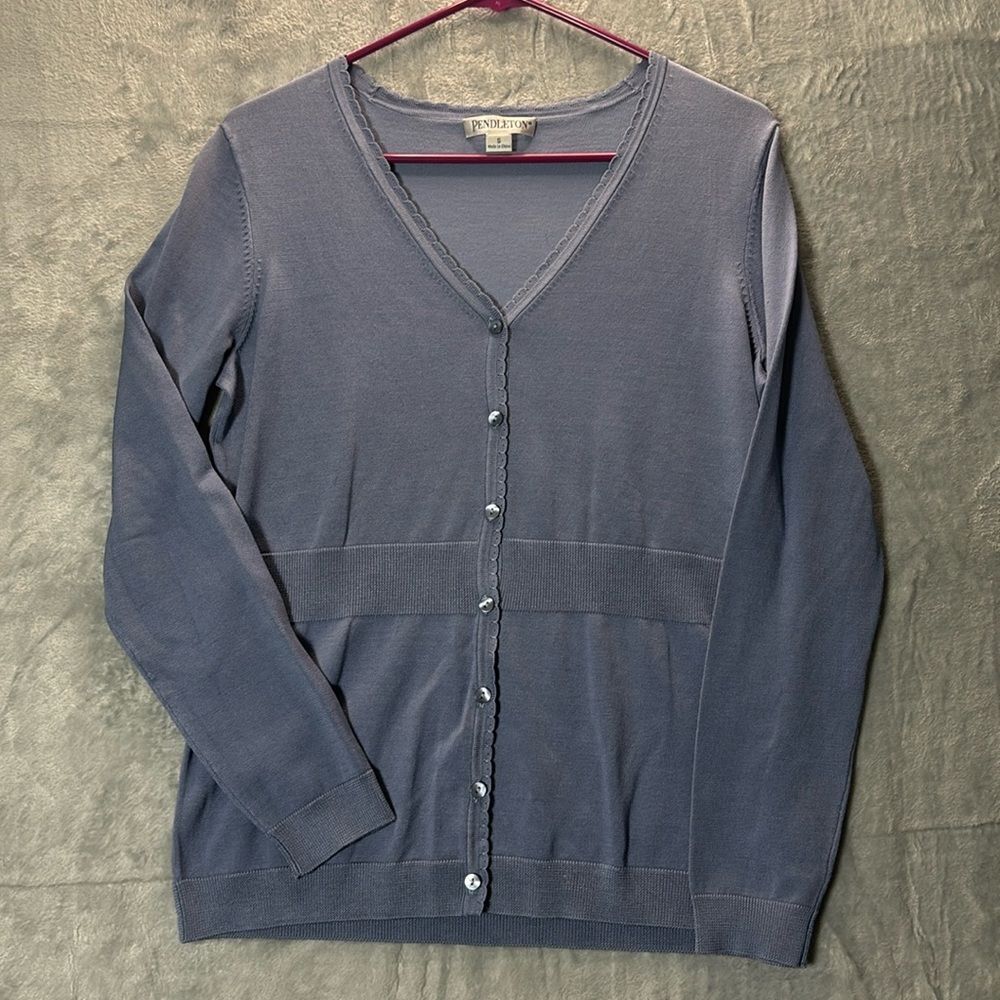 Pendleton Blue Button Front Cardigan Sweater Scalloped Vneck Size Small